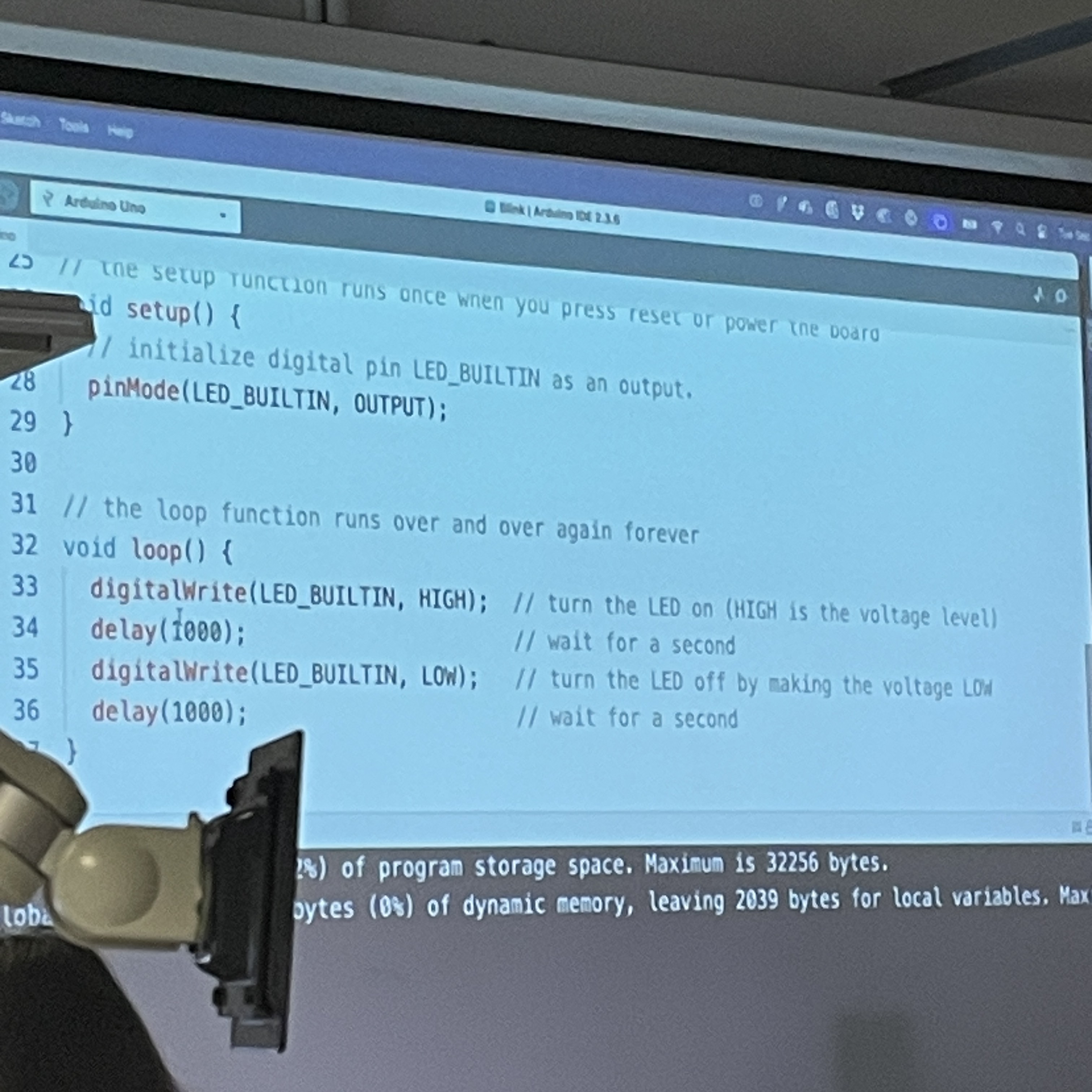 The code for blinking the built-in LED on an Arduino board.