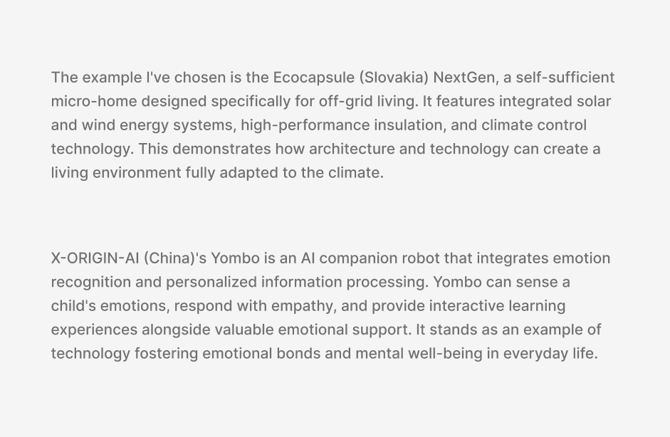 The Unique Features and Representative Products of Climate-Adaptive Housing and AI Emotional Companions.