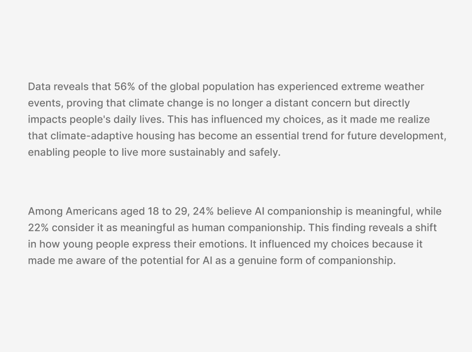 During the selection process, the data I observed influenced my decision. I believe they represent either a significant existing problem or a prevailing societal viewpoint.